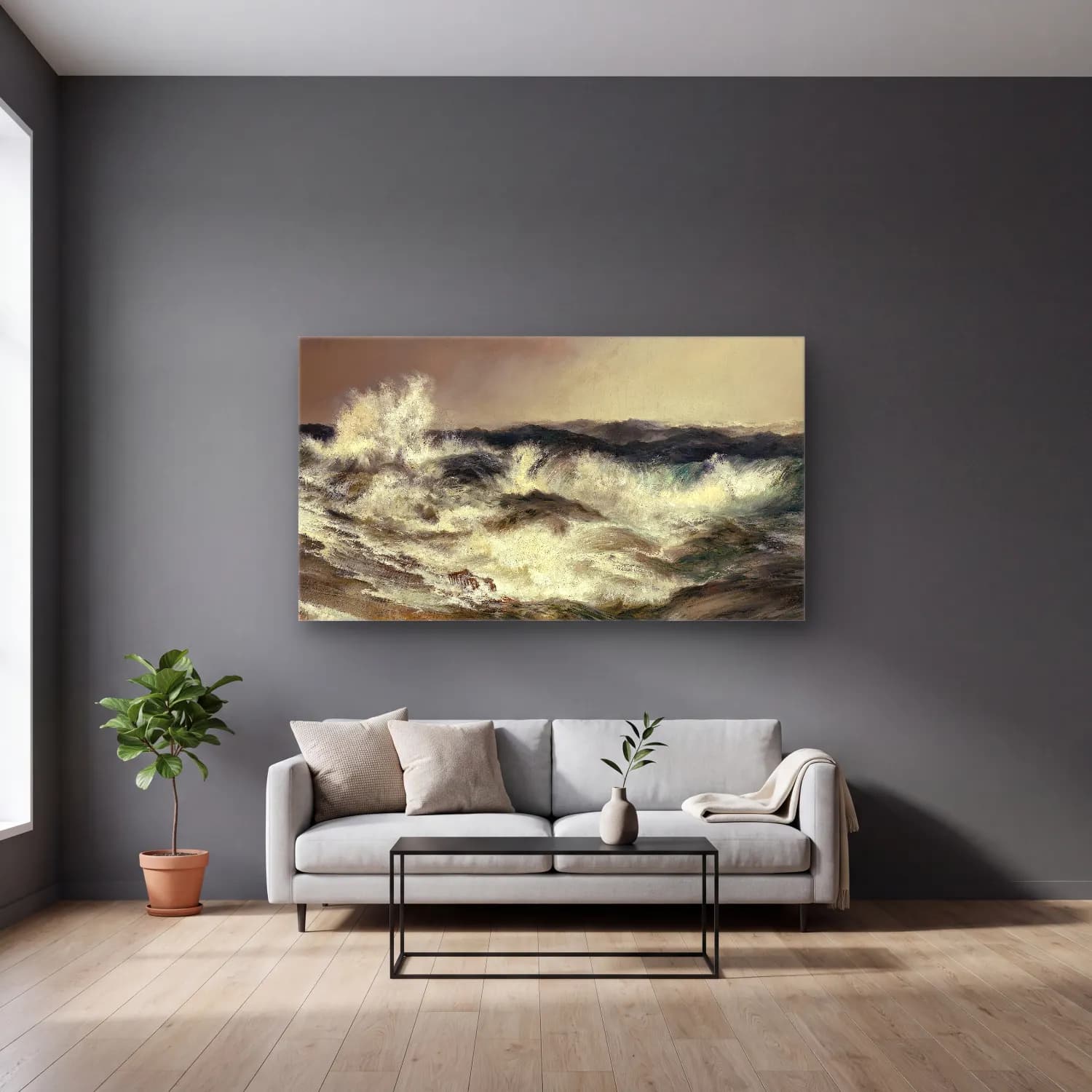 Thomas Moran – The Much Resounding Sea cam tablo — gri duvarlı salonda