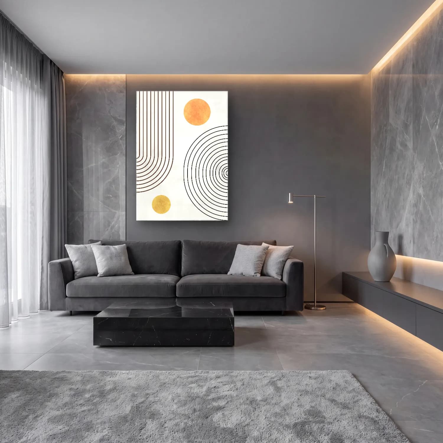Çizgi Sanatı Geometrik Daireler No. 13 cam tablo — lüks salon duvarında