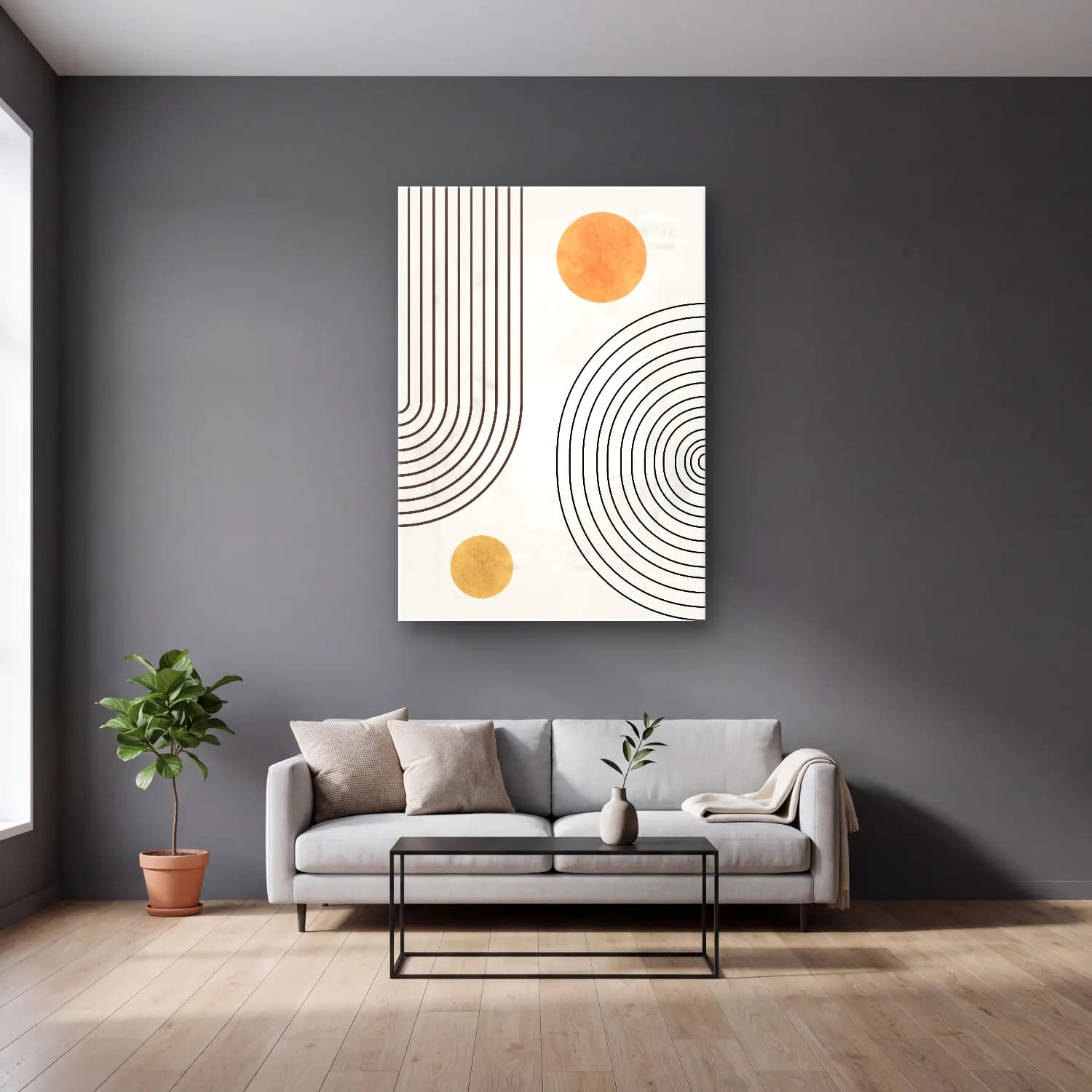 Çizgi Sanatı Geometrik Daireler No. 13 cam tablo — gri duvarlı salonda
