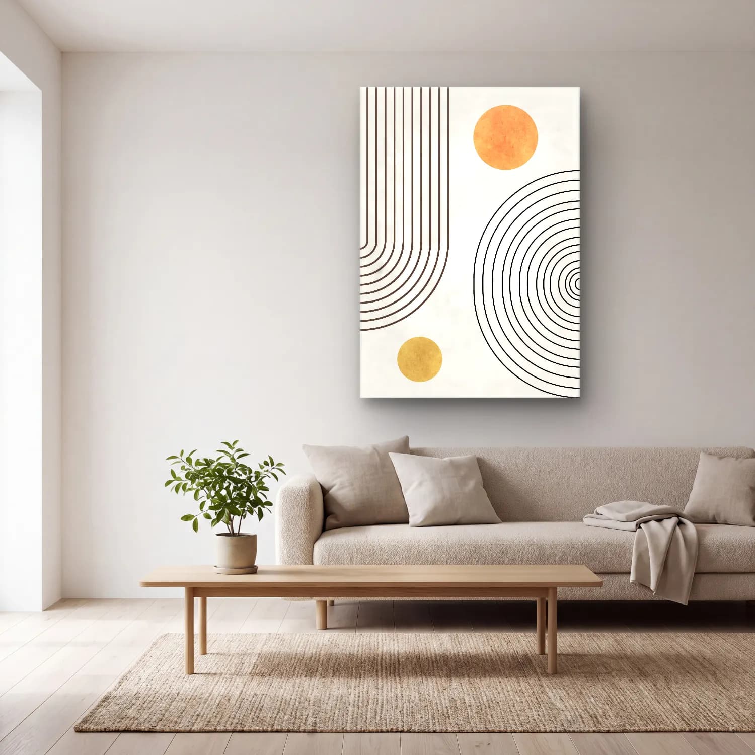 Çizgi Sanatı Geometrik Daireler No. 13 cam tablo — açık renk salonda