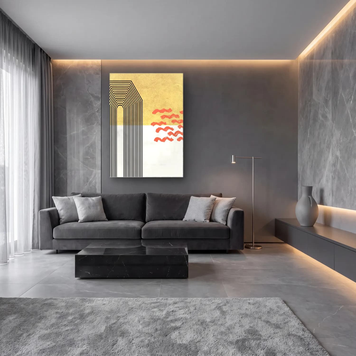 Boho Dalgalı Çizgiler No. 7 cam tablo — lüks salon duvarında