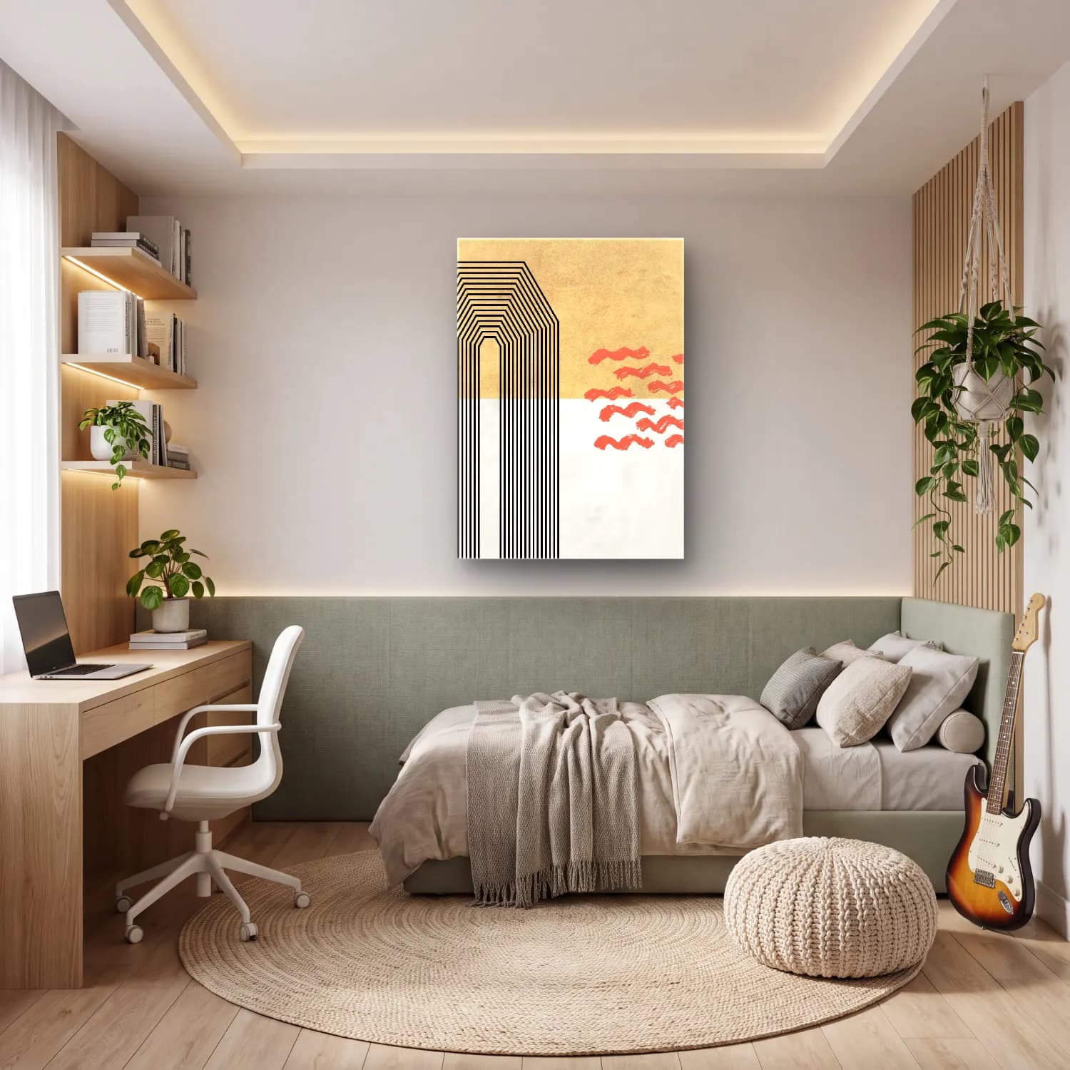 Boho Dalgalı Çizgiler No. 7 cam tablo — genç odasında