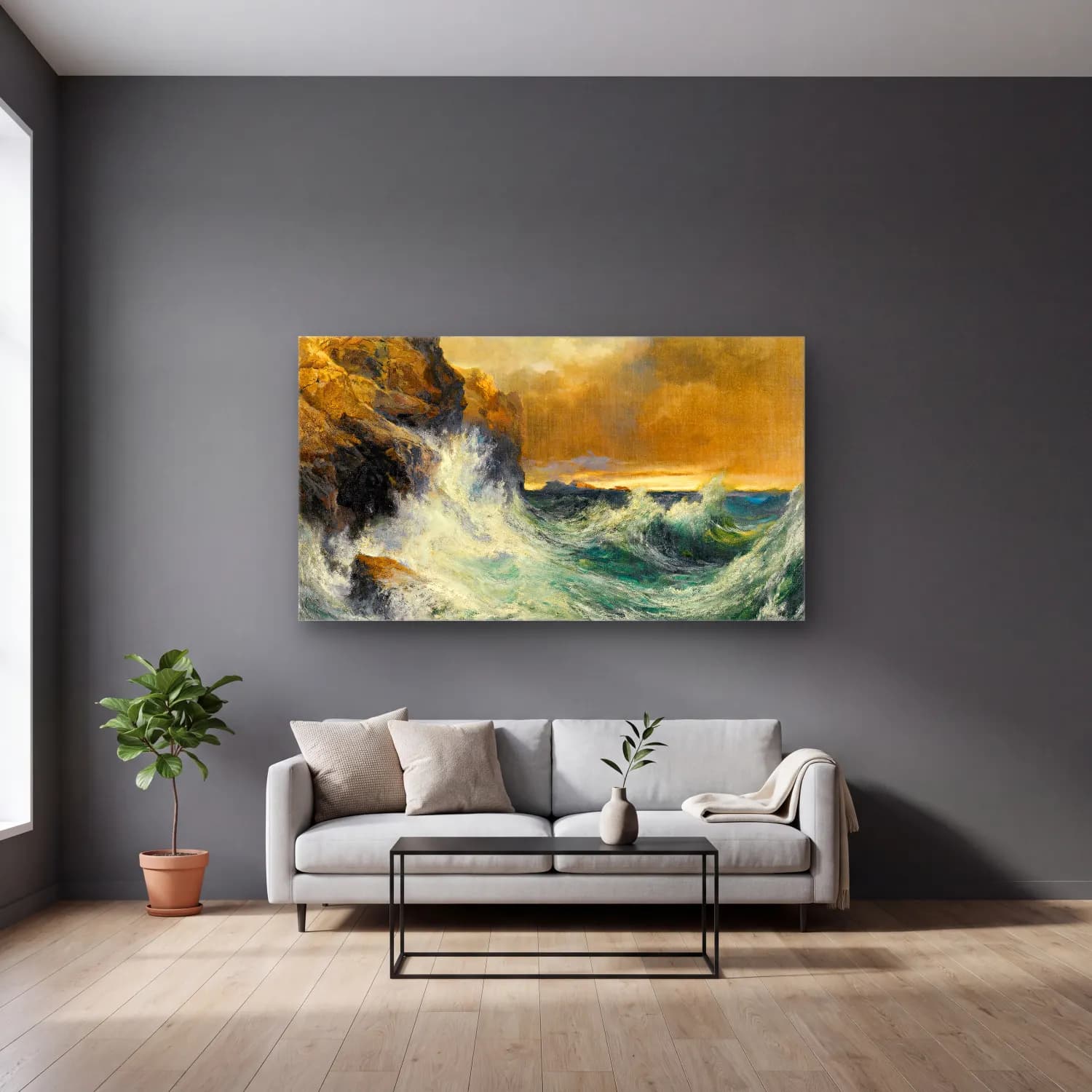 Thomas Moran – The Receding Wave cam tablo — gri duvarlı salonda