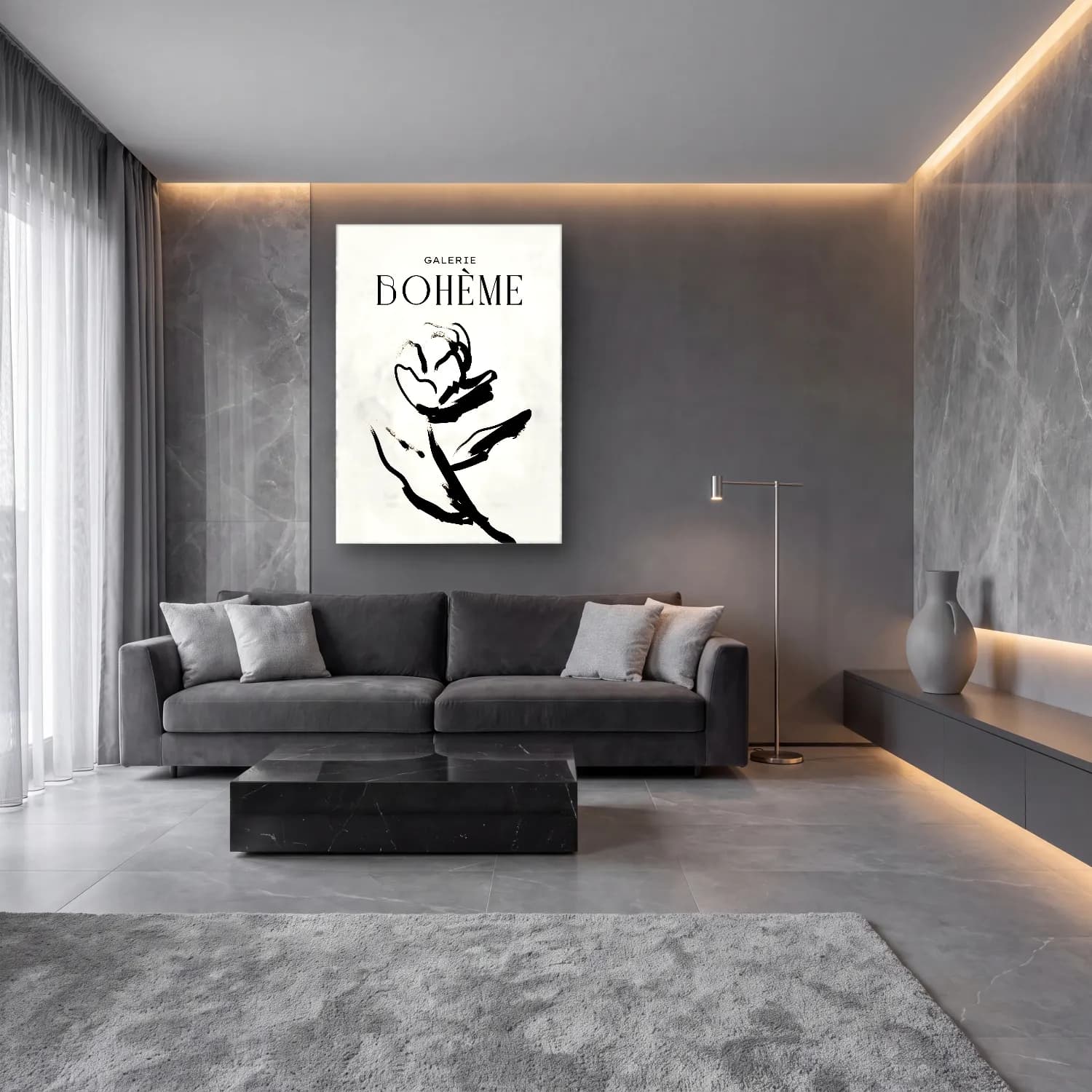 Boho Kadın Silueti – Siyah Beyaz Tonlar cam tablo — lüks salon duvarında