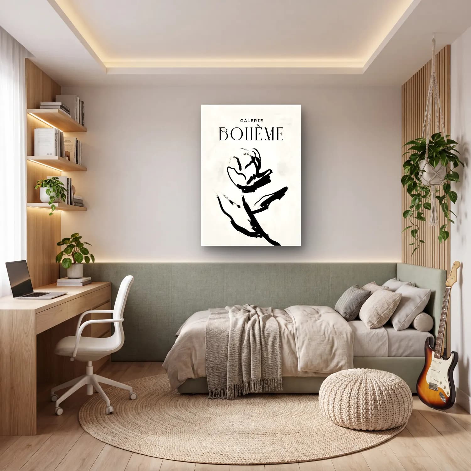 Boho Kadın Silueti – Siyah Beyaz Tonlar cam tablo — genç odasında