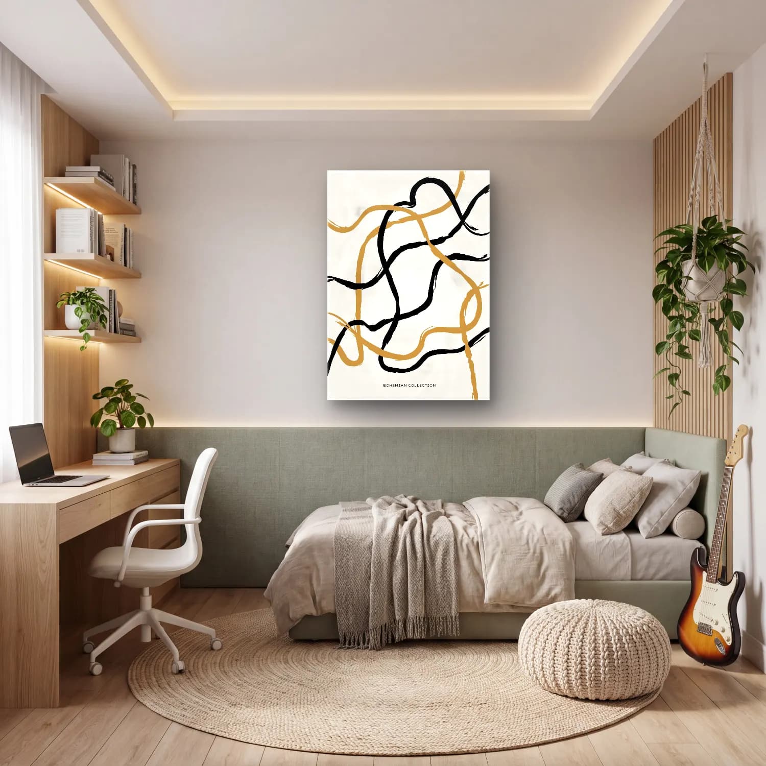 Boho Dalgalı Çizgiler No. 8 cam tablo — genç odasında