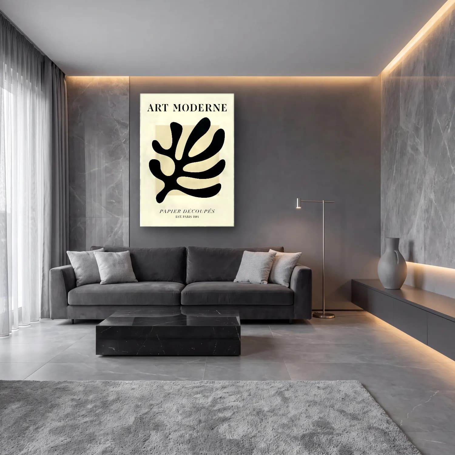 Çizgi Sanatı Soyut Formlar No. 6 cam tablo — lüks salon duvarında