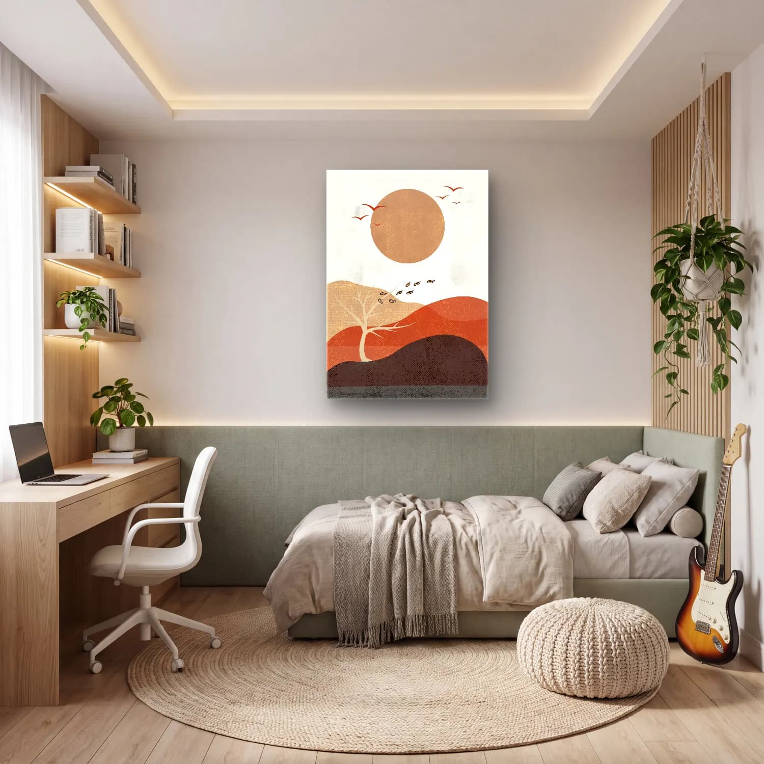 Boho Soyut Manzara No. 3 cam tablo — genç odasında