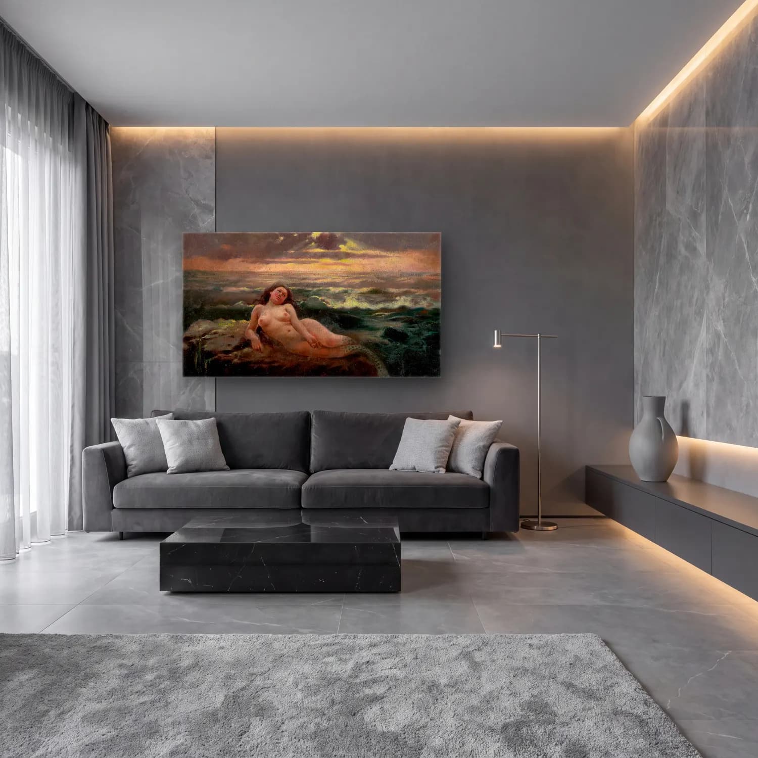 Yağlı Boya Mitolojik Sahne – Yeşil Tonlar cam tablo — lüks salon duvarında
