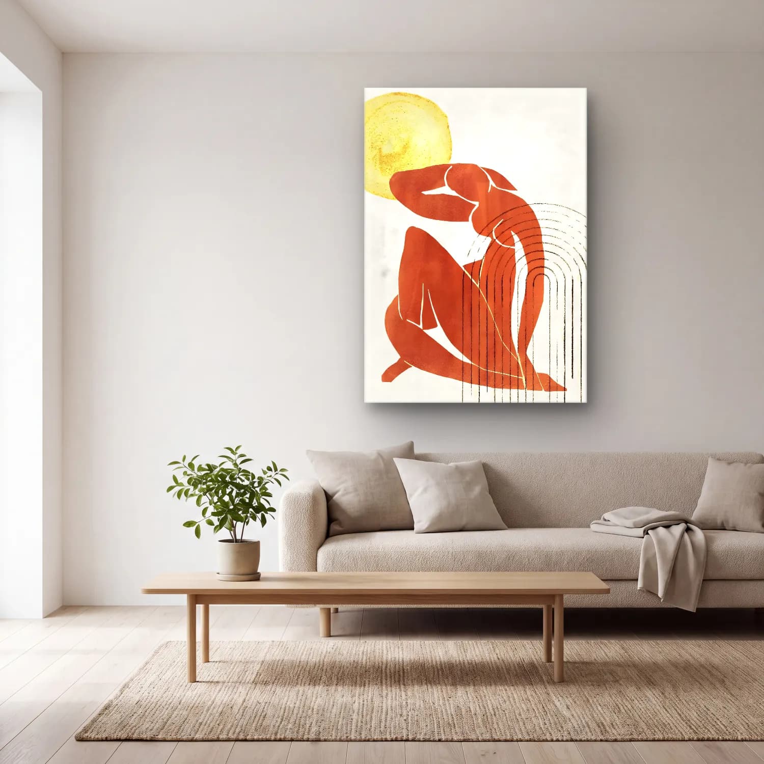 Boho Figür Çalışması No. 4 cam tablo — açık renk salonda