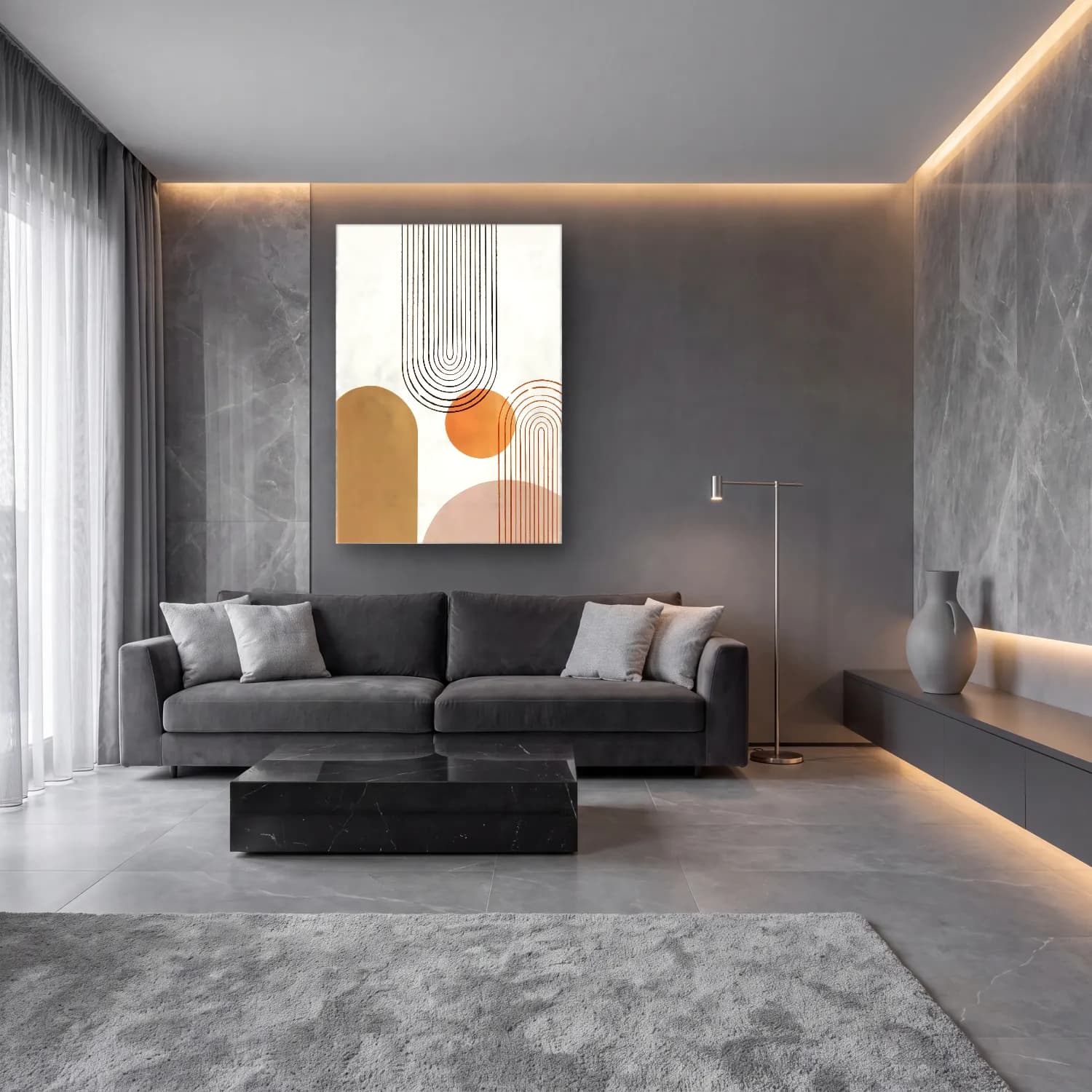 Boho Soyut Kemer No. 6 cam tablo — lüks salon duvarında