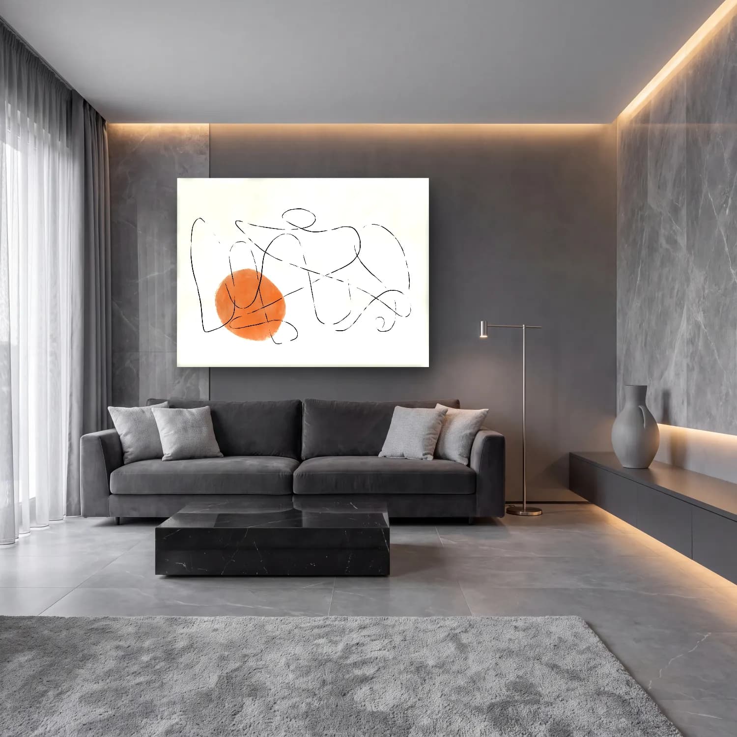 Çizgi Sanatı Soyut Formlar No. 7 cam tablo — lüks salon duvarında