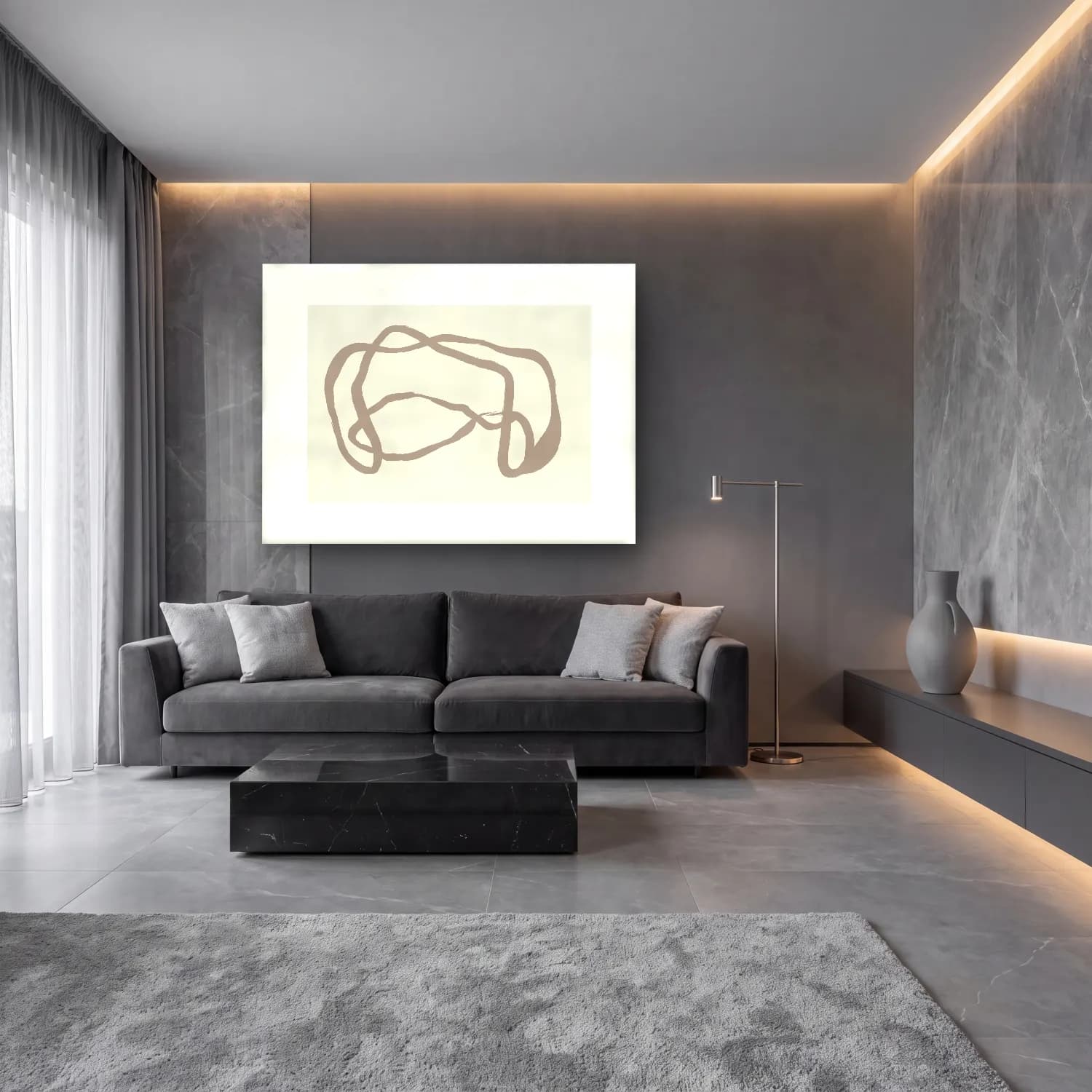 Çizgi Sanatı Soyut Formlar No. 8 cam tablo — lüks salon duvarında