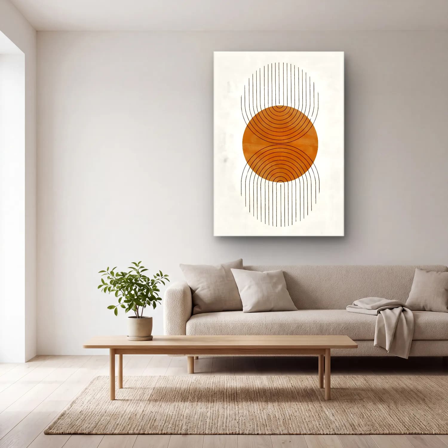 Çizgi Sanatı Geometrik Daireler No. 15 cam tablo — açık renk salonda