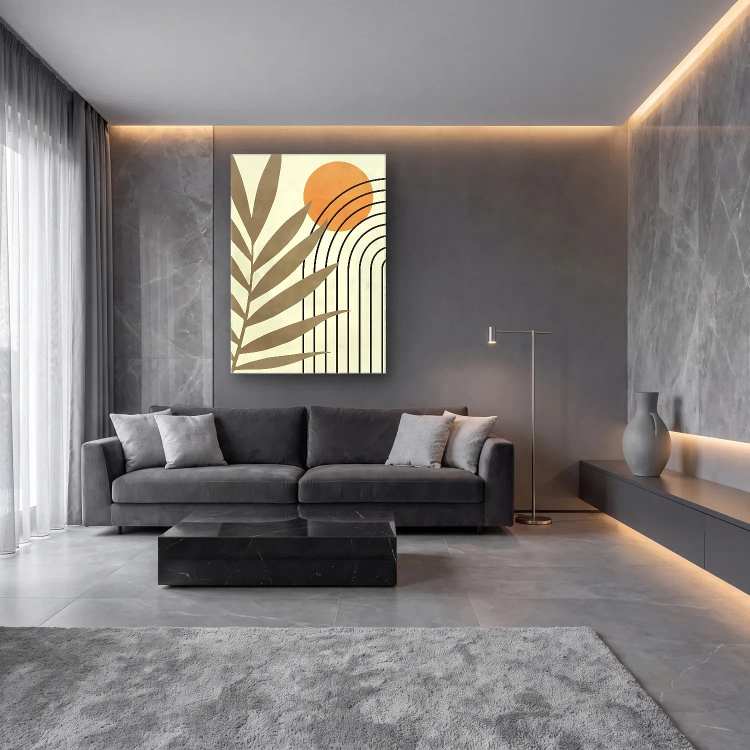Boho Geometrik Daireler No. 9 cam tablo — lüks salon duvarında