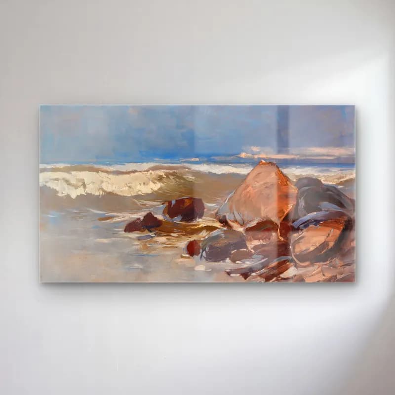Karl Hagemeister – Strand bei Lohme mit Felsen cam tablo — Karl Hagemeister – Strand bei Lohme mit Felsen — yağlı boya dalgalı sahil