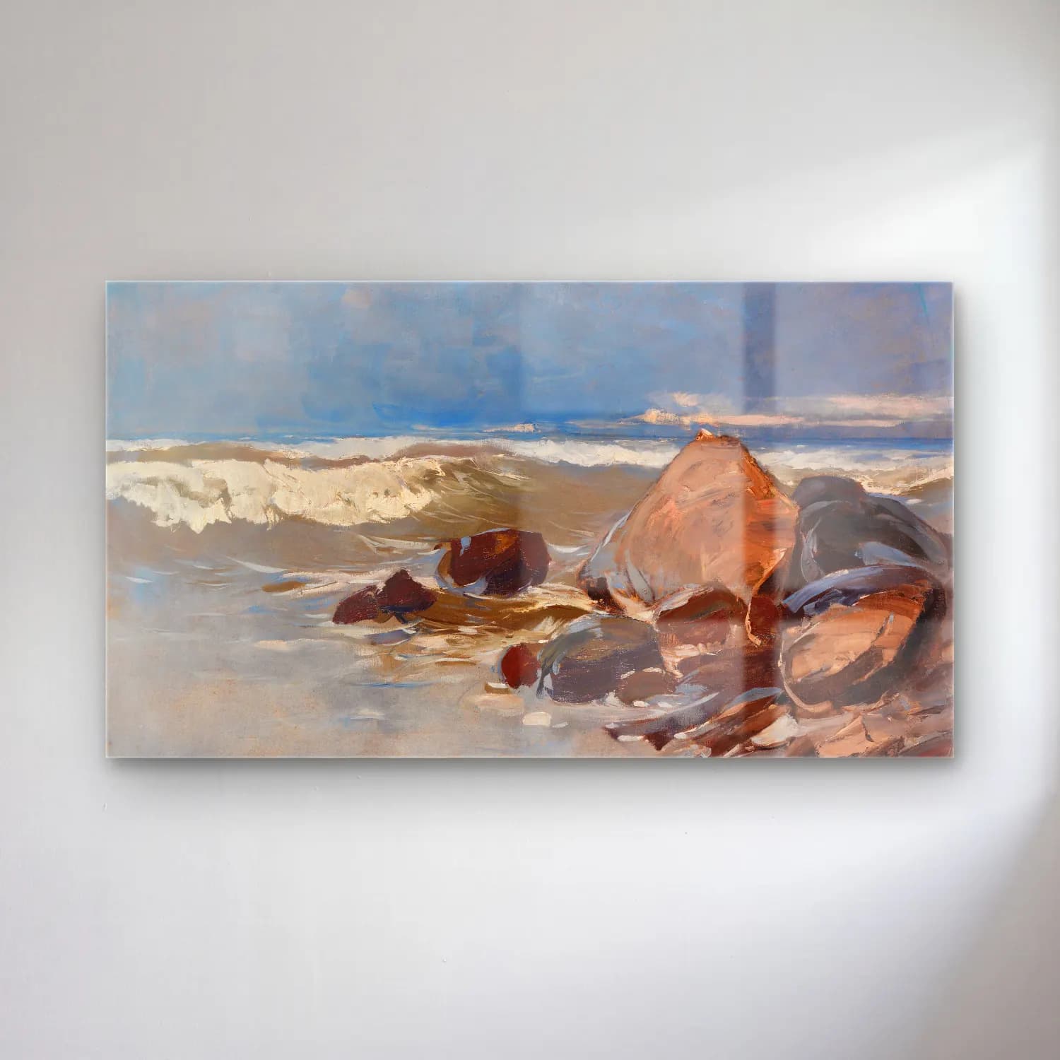Karl Hagemeister – Strand bei Lohme mit Felsen cam tablo — Karl Hagemeister – Strand bei Lohme mit Felsen — yağlı boya dalgalı sahil