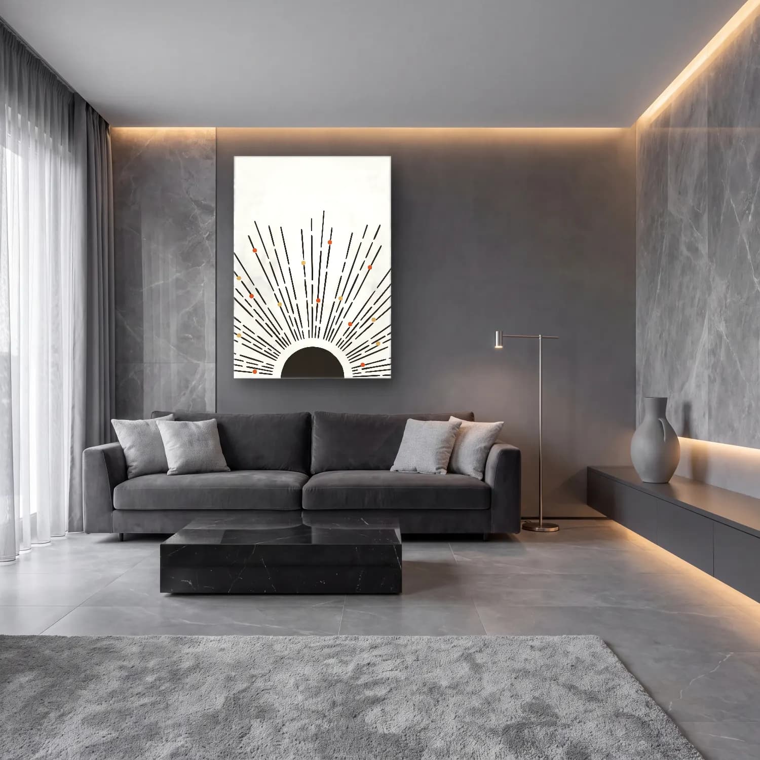Çizgi Sanatı Geometrik Daireler No. 17 cam tablo — lüks salon duvarında