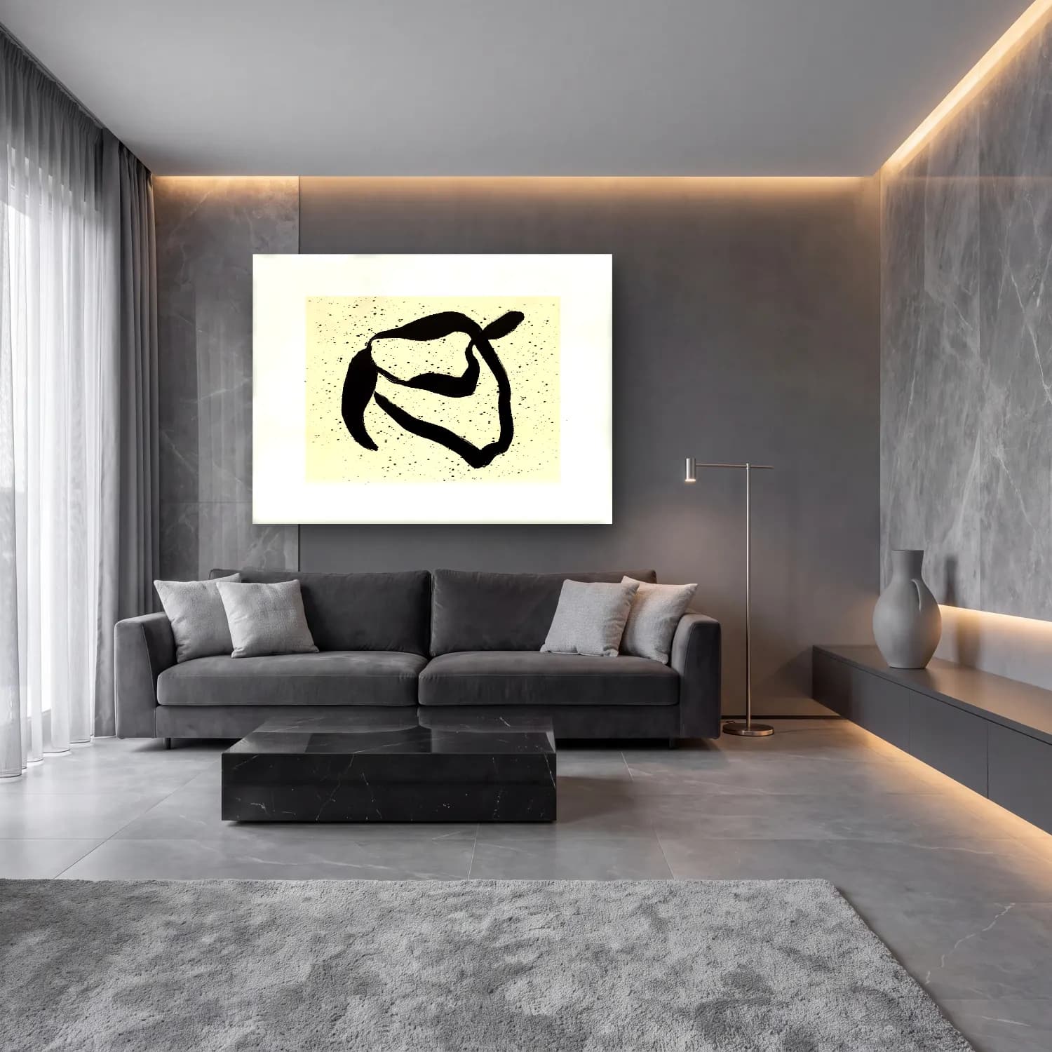 Çizgi Sanatı Soyut Yüz No. 5 cam tablo — lüks salon duvarında