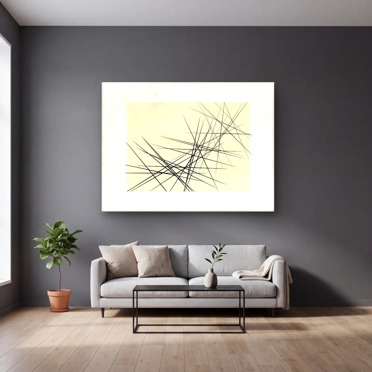 Çizgi Sanatı Geometrik Daireler No. 18 cam tablo — gri duvarlı salonda