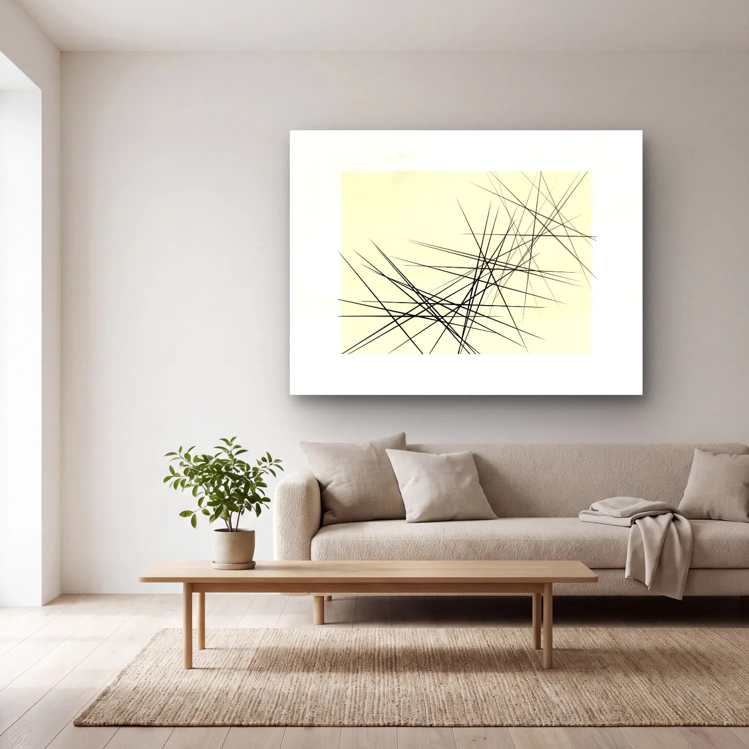 Çizgi Sanatı Geometrik Daireler No. 18 cam tablo — açık renk salonda