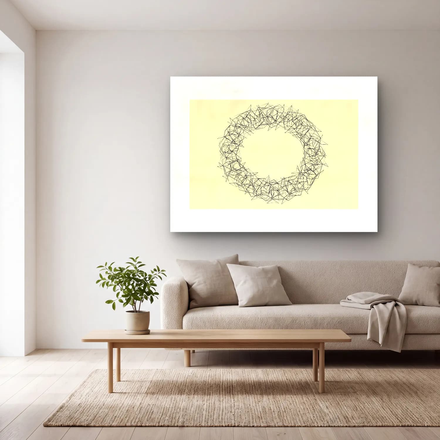 Çizgi Sanatı Geometrik Daireler No. 19 cam tablo — açık renk salonda