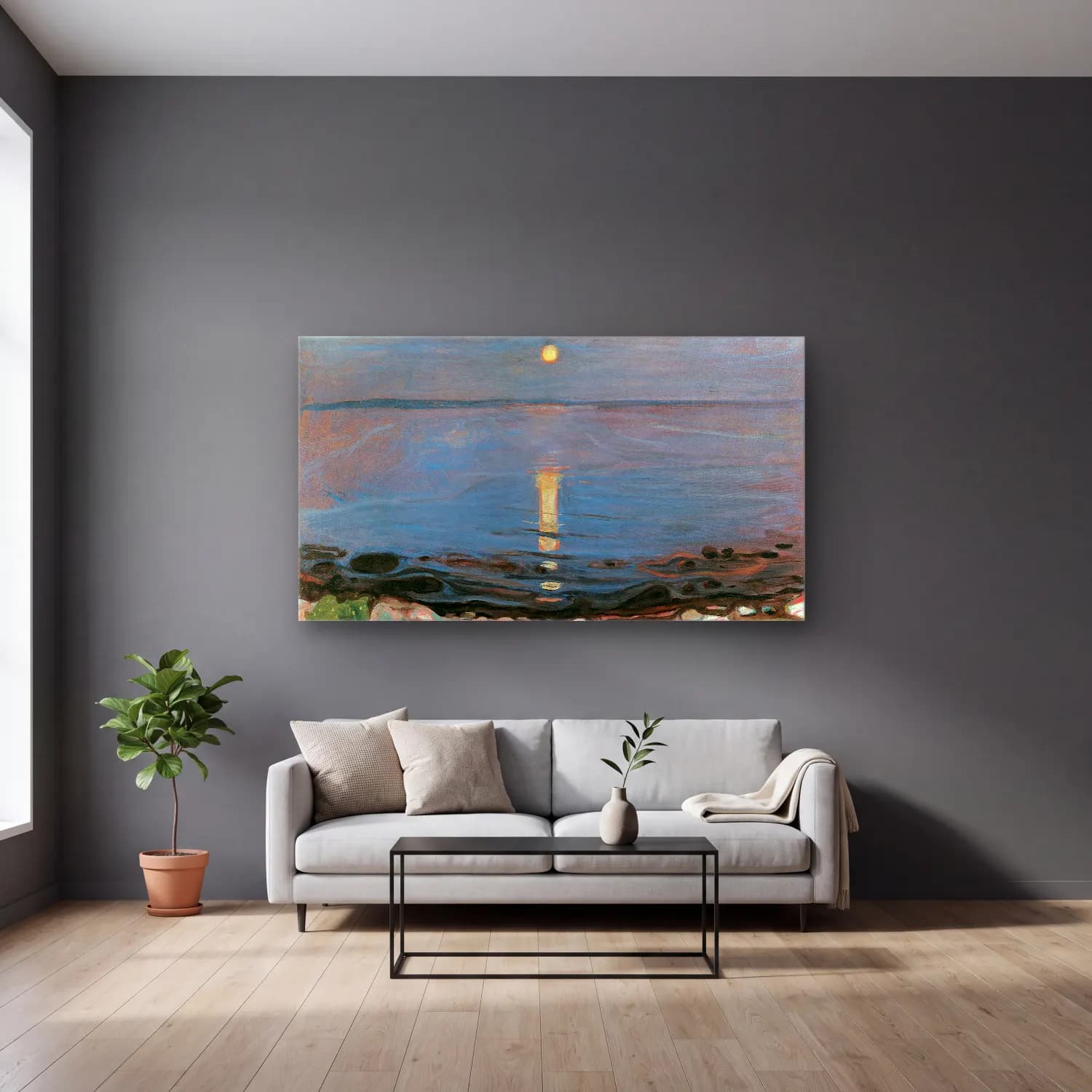 Edvard Munch – Summer night by the beach cam tablo — gri duvarlı salonda