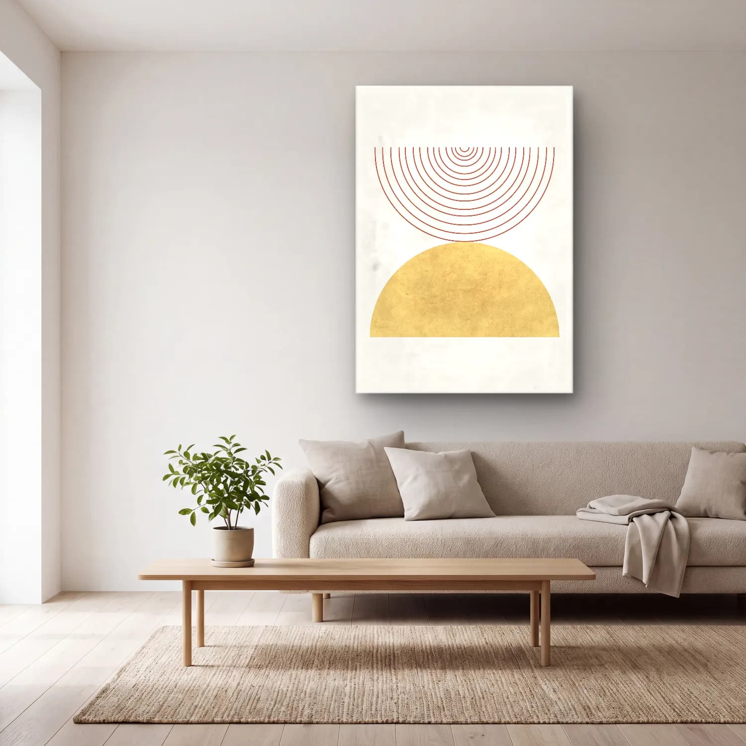 Çizgi Sanatı Geometrik Daireler No. 20 cam tablo — açık renk salonda