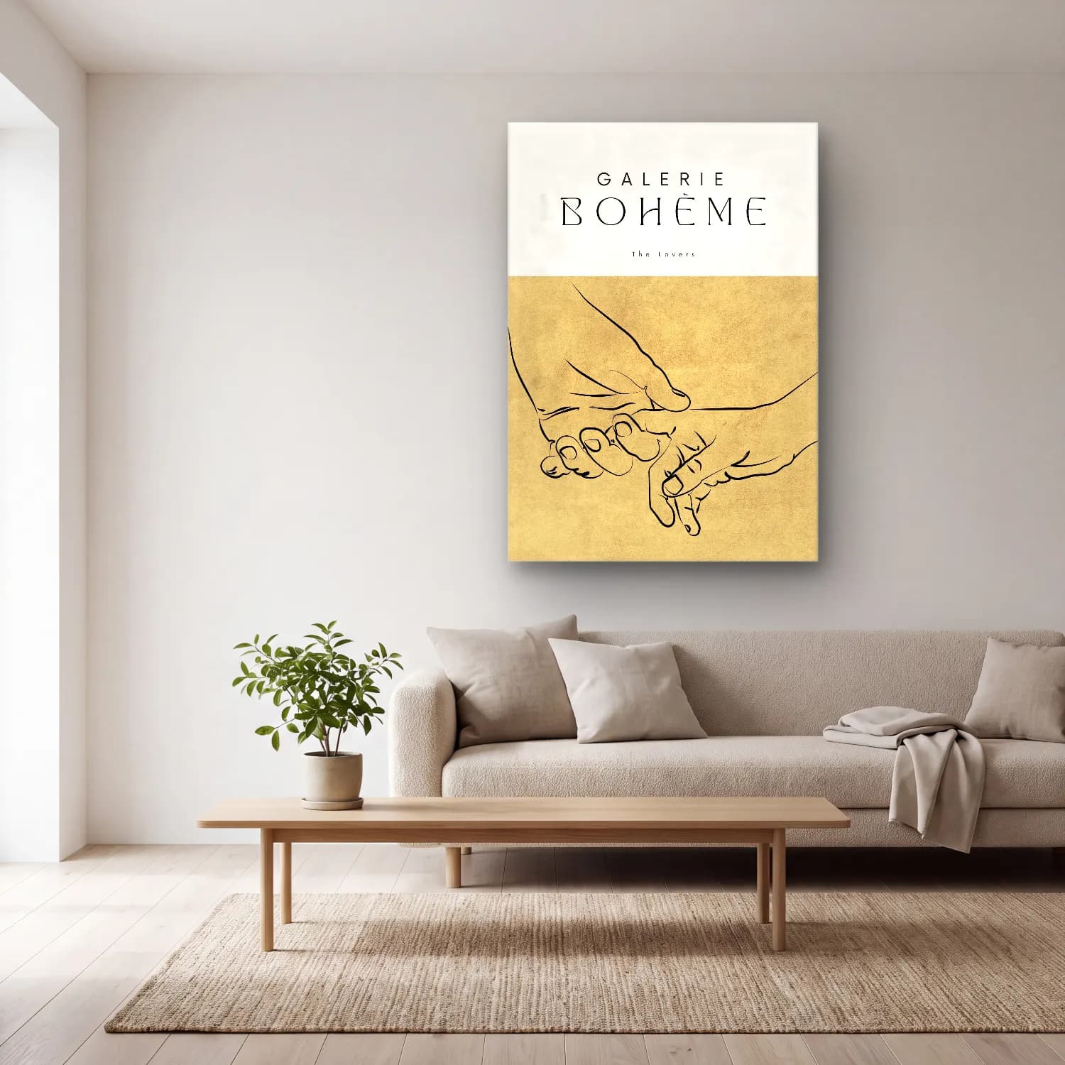 Boho Aşıklar cam tablo — açık renk salonda