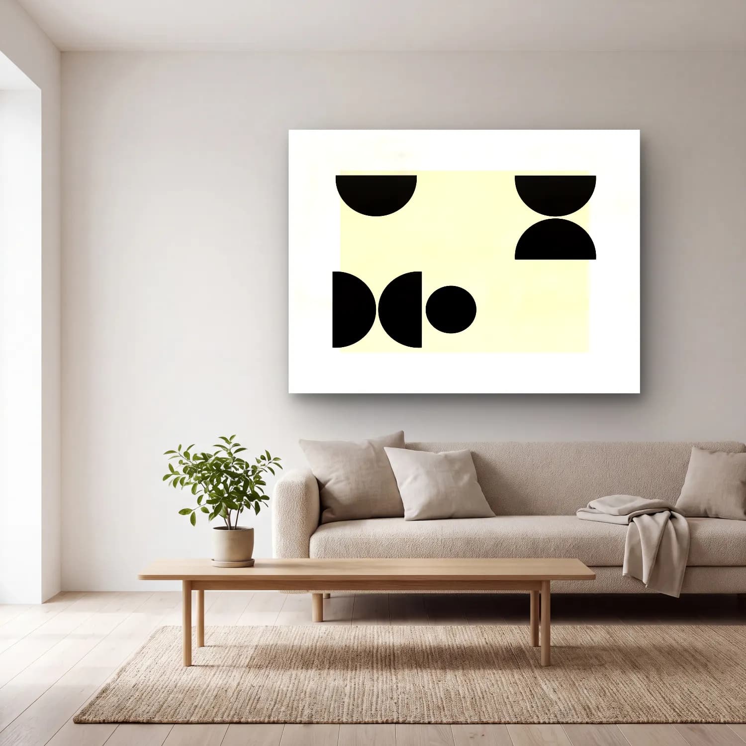 Bauhaus Soyut Formlar No. 32 cam tablo — açık renk salonda