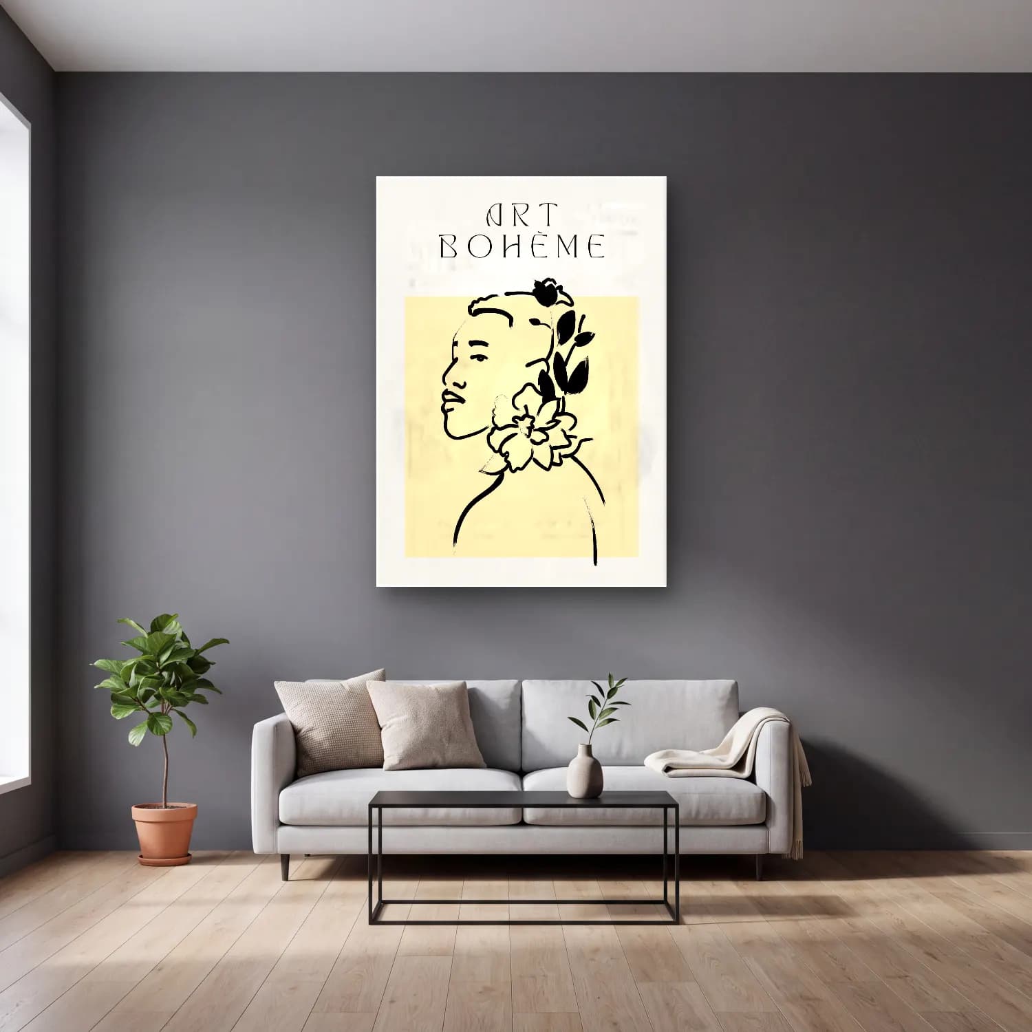 Boho Kadın Silueti No. 3 cam tablo — gri duvarlı salonda