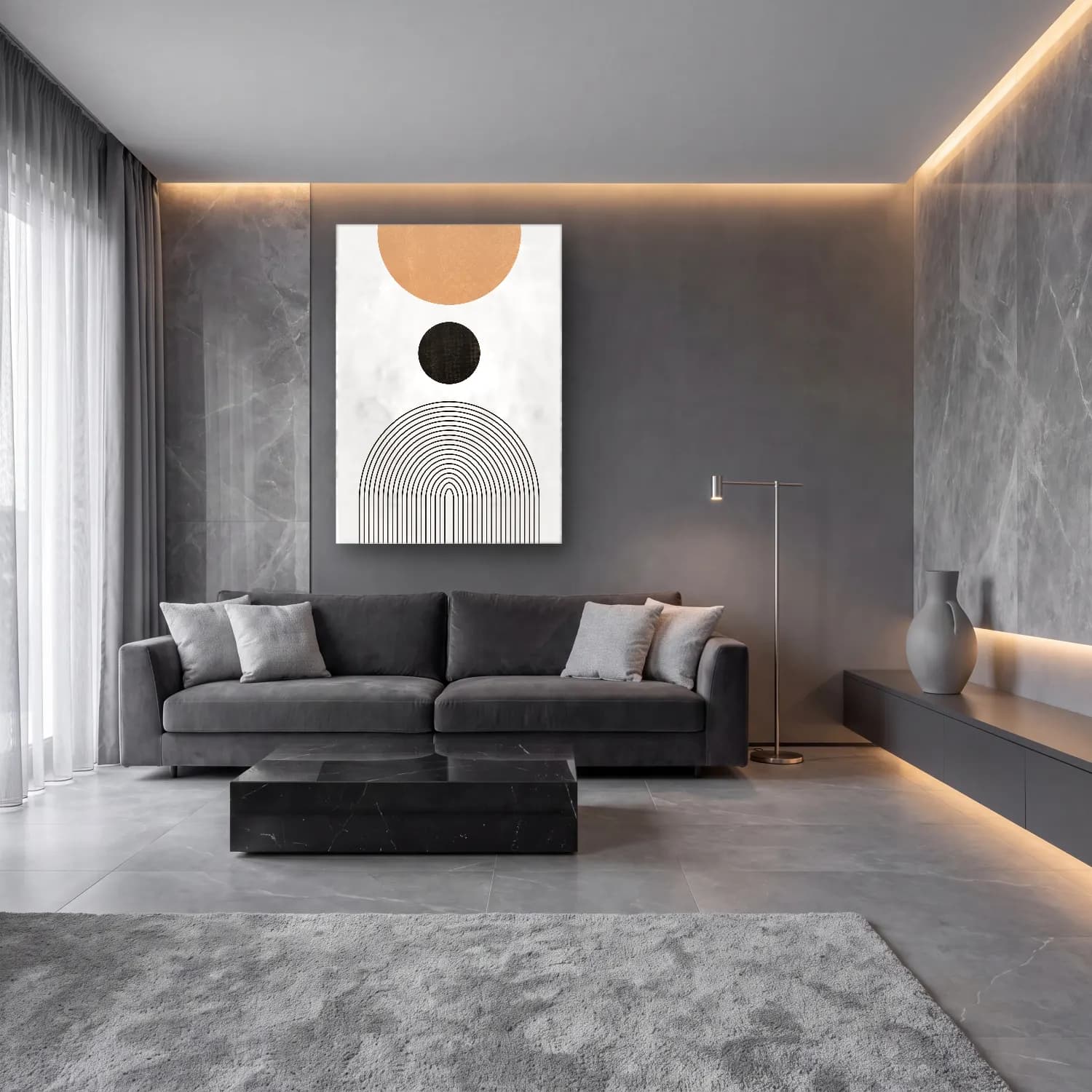 Çizgi Sanatı Geometrik Daireler No. 21 cam tablo — lüks salon duvarında
