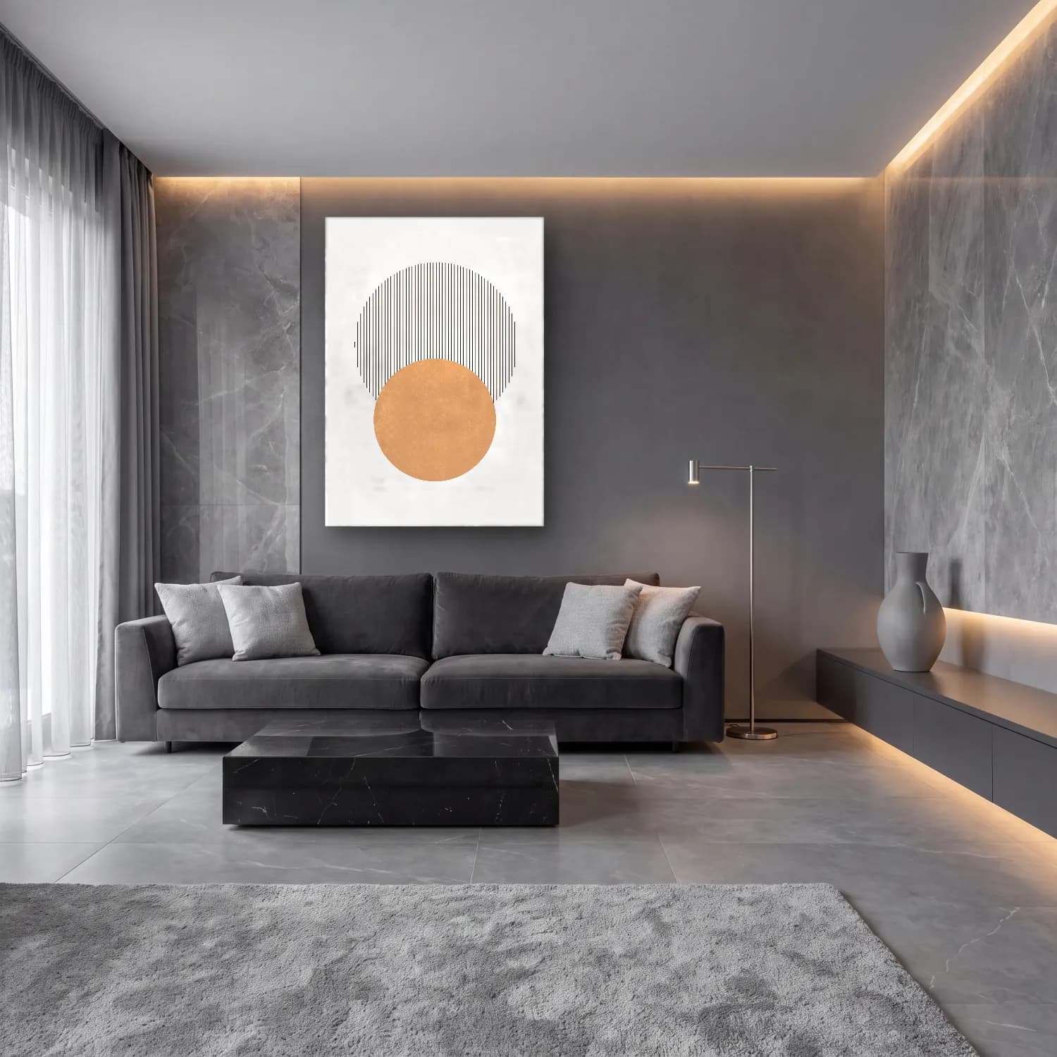 Çizgi Sanatı Geometrik Daireler No. 22 cam tablo — lüks salon duvarında