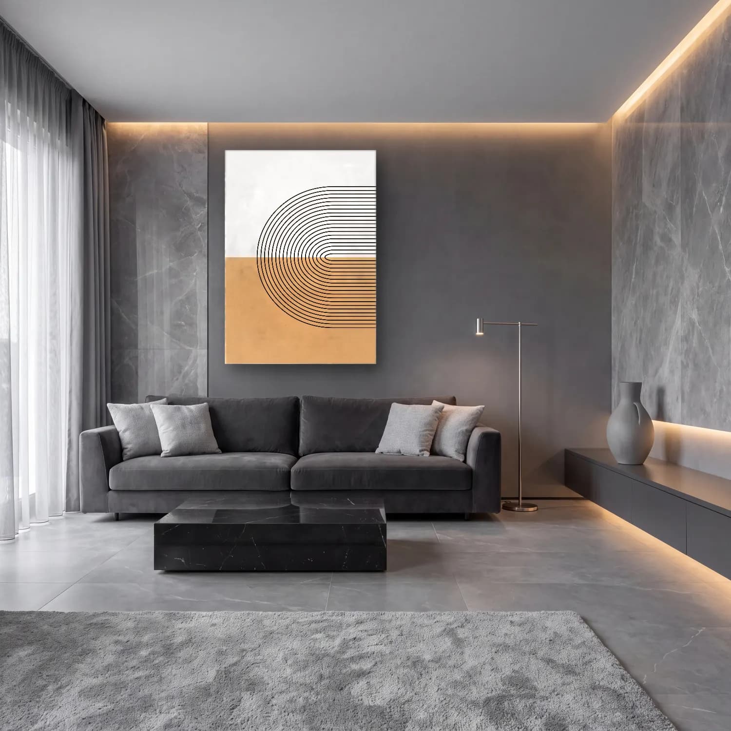 Çizgi Sanatı Soyut Kemer No. 12 cam tablo — lüks salon duvarında