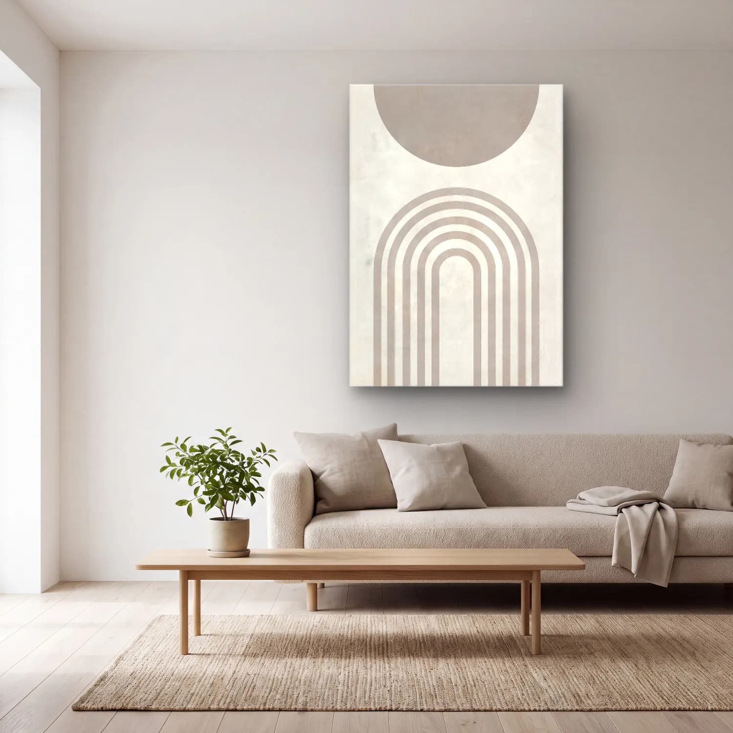 Bauhaus Soyut Kemer No. 15 cam tablo — açık renk salonda