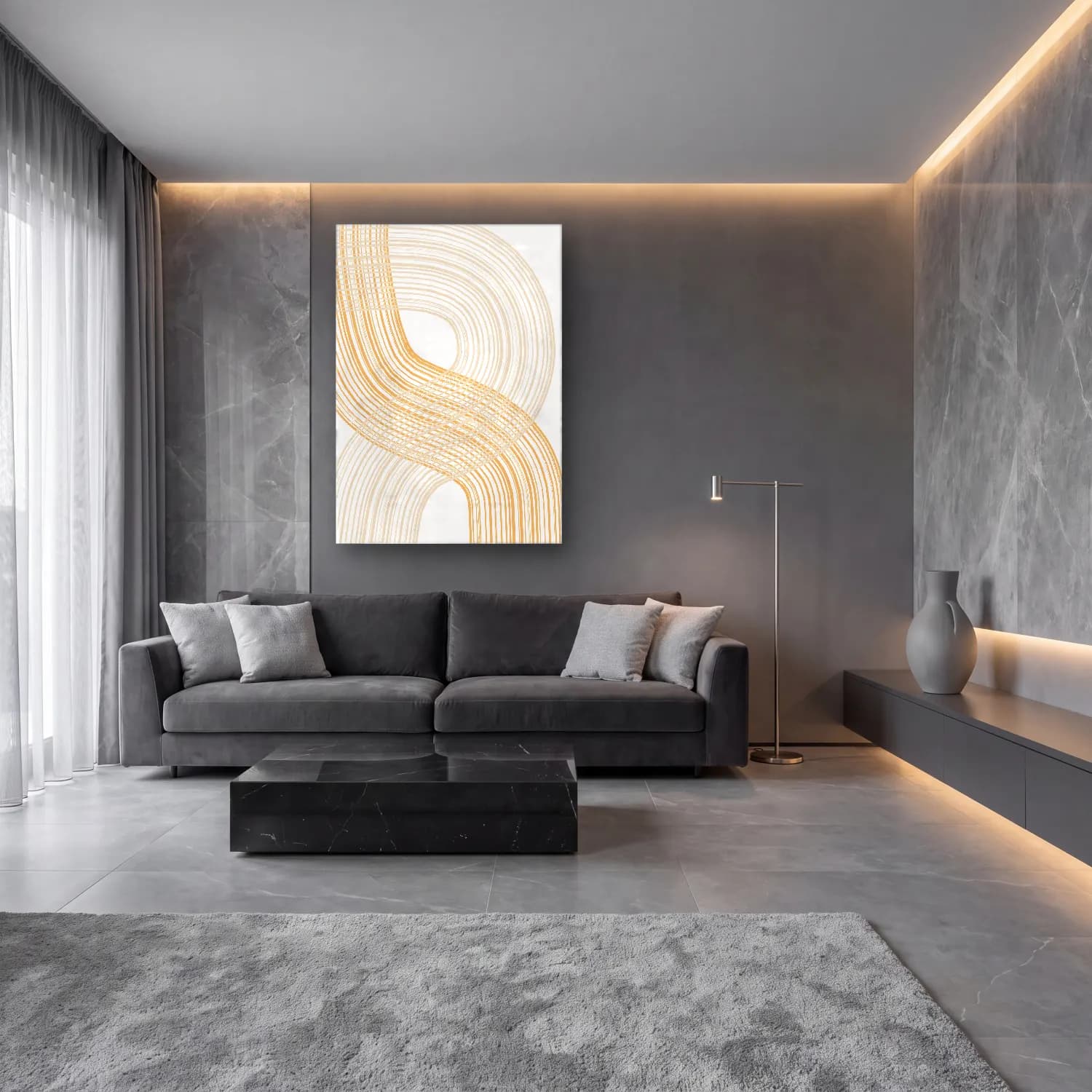 Çizgi Sanatı Dalgalı Çizgiler No. 21 cam tablo — lüks salon duvarında