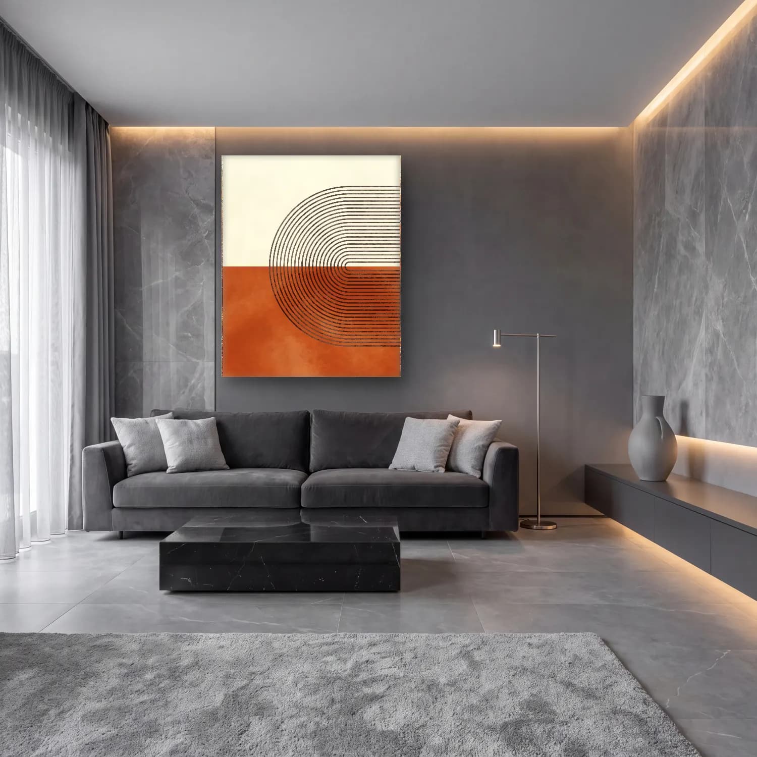 Boho Geometrik Daireler No. 11 cam tablo — lüks salon duvarında