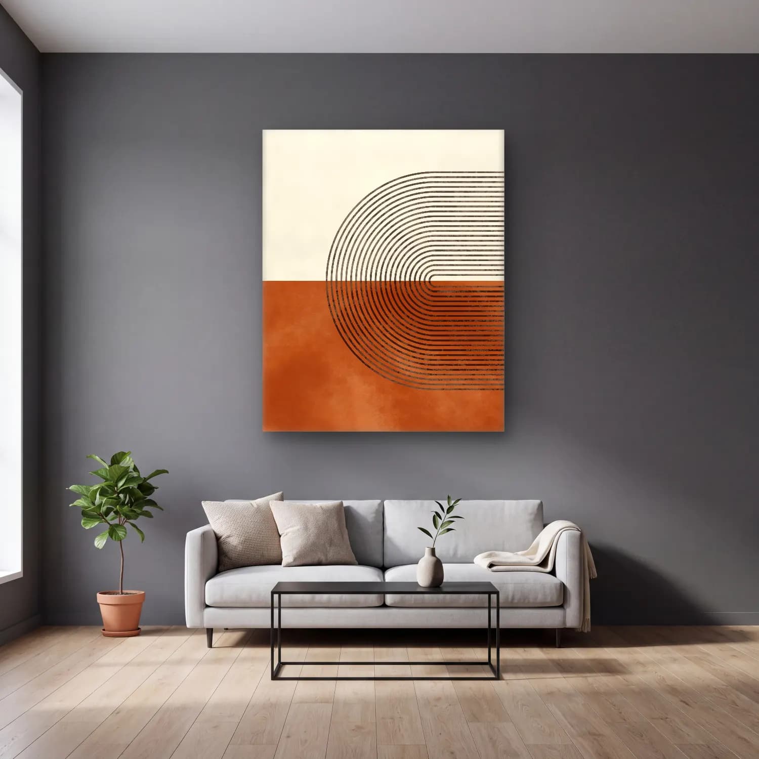Boho Geometrik Daireler No. 11 cam tablo — gri duvarlı salonda