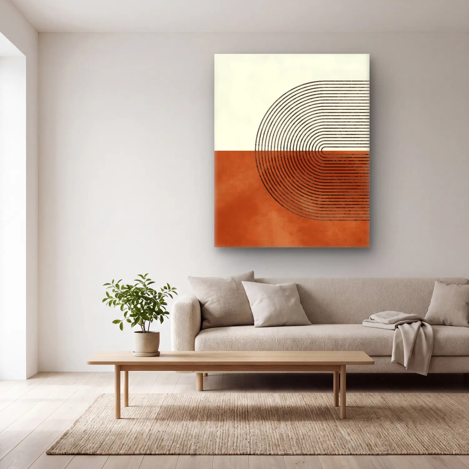 Boho Geometrik Daireler No. 11 cam tablo — açık renk salonda