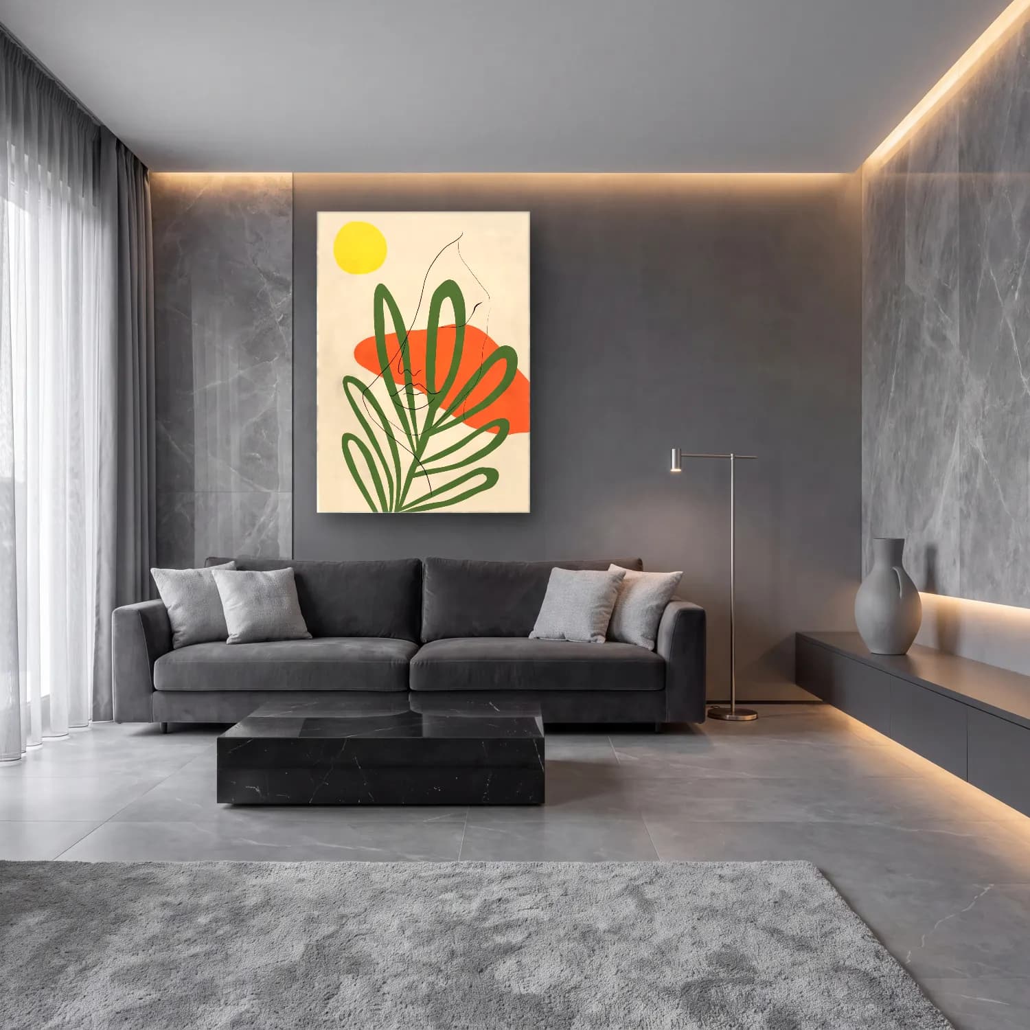 Boho Soyut Formlar No. 25 cam tablo — lüks salon duvarında