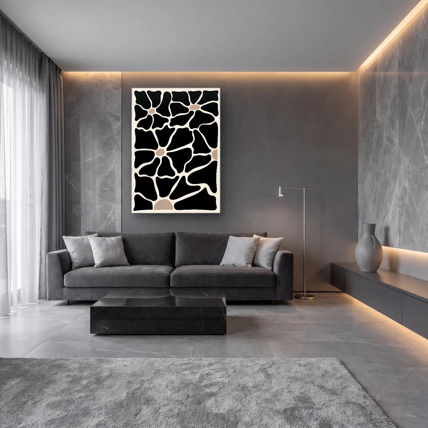 Siyah Beyaz Çiçek Deseni No. 10 cam tablo — lüks salon duvarında