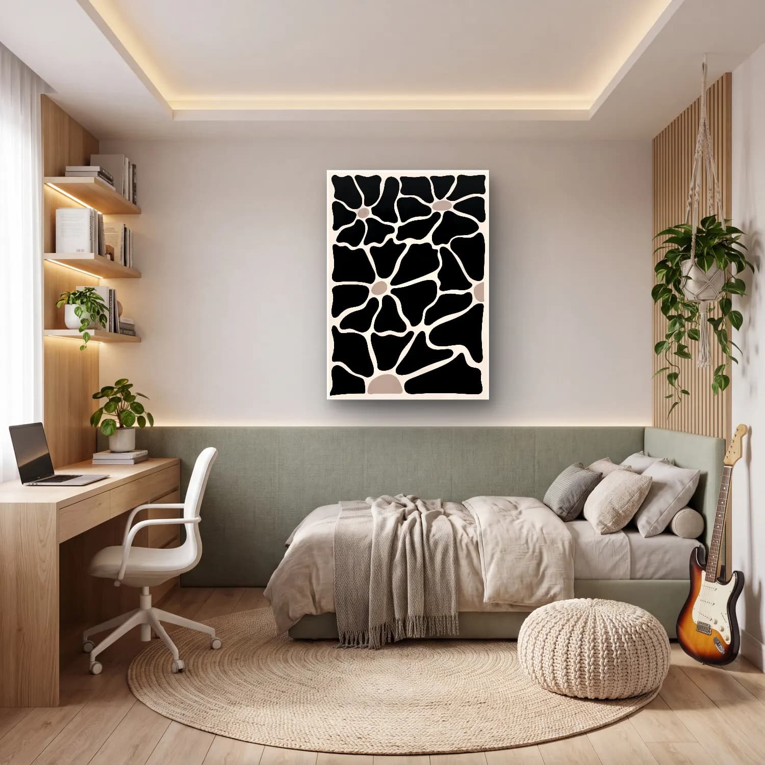 Siyah Beyaz Çiçek Deseni No. 10 cam tablo — genç odasında