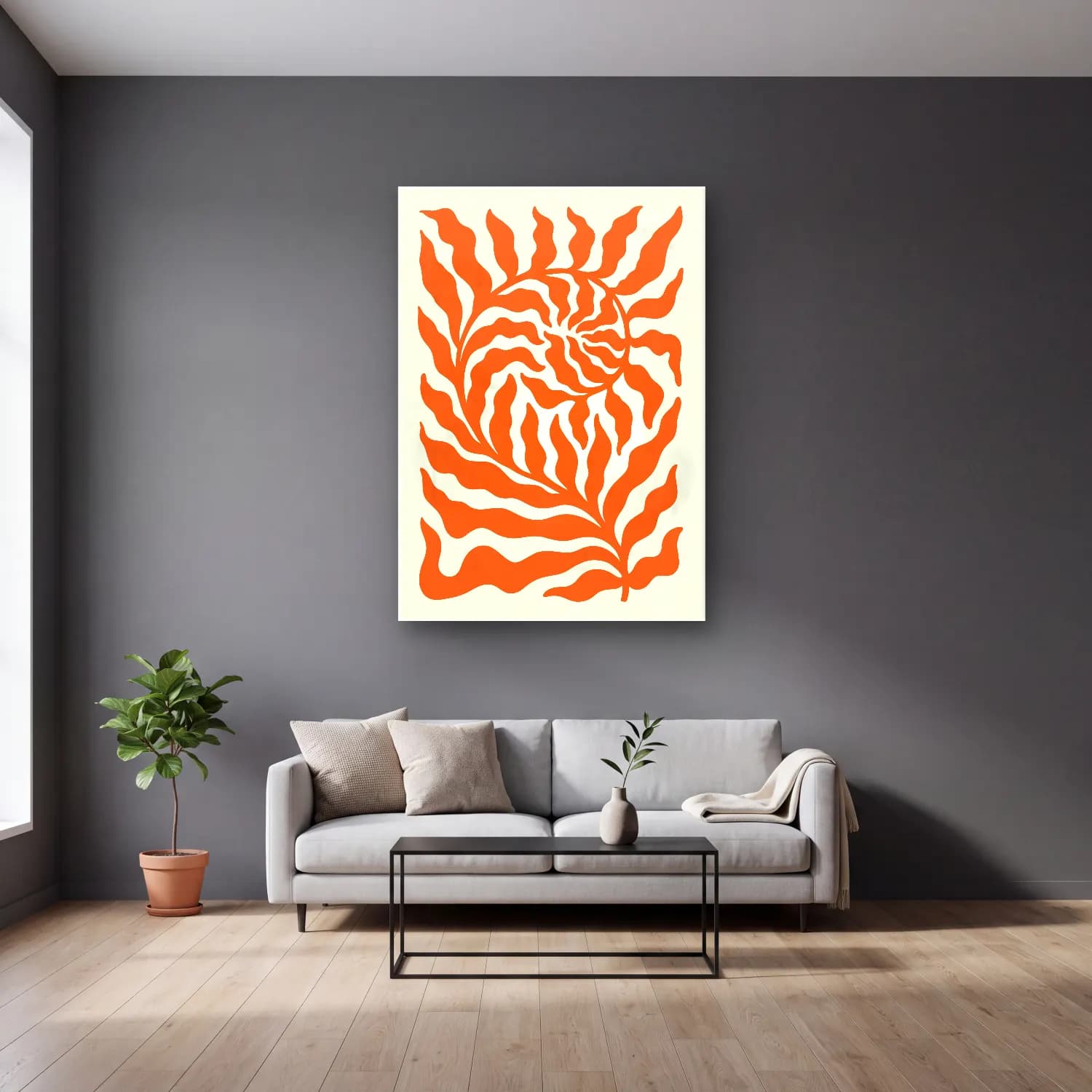 Boho Çiçek Deseni No. 61 cam tablo — gri duvarlı salonda