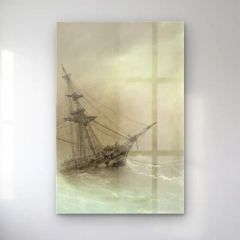 Konstantinovich Aivazovsky – Ship In A Stormy Sea – Siyah Beyaz Tonlar cam tablo — Konstantinovich Aivazovsky – Ship In A Stormy Sea – Siyah Beyaz Tonlar — vintage fırtınalı denizde gemi
