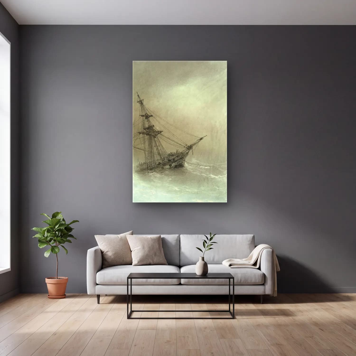 Konstantinovich Aivazovsky – Ship In A Stormy Sea – Siyah Beyaz Tonlar cam tablo — gri duvarlı salonda