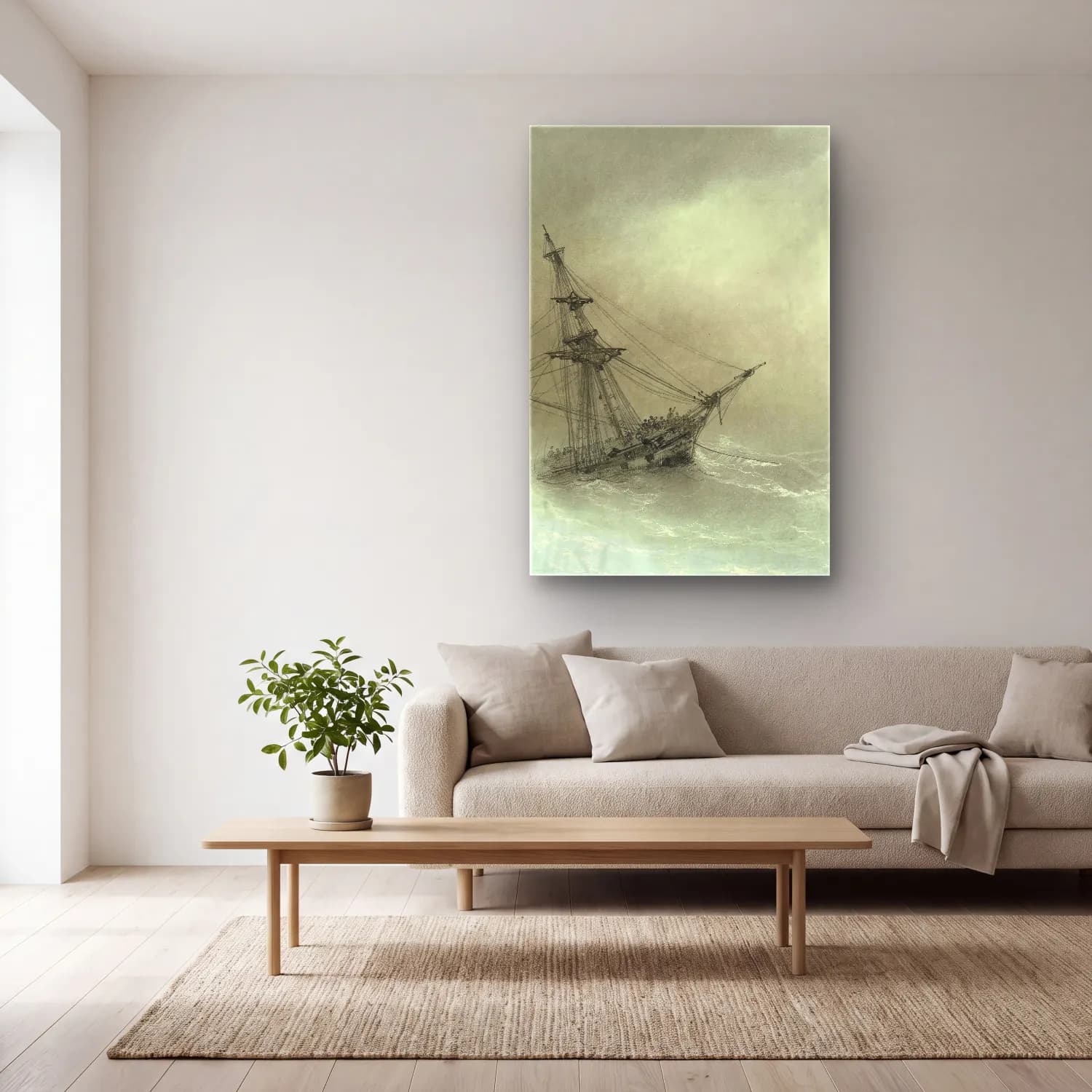 Konstantinovich Aivazovsky – Ship In A Stormy Sea – Siyah Beyaz Tonlar cam tablo — açık renk salonda