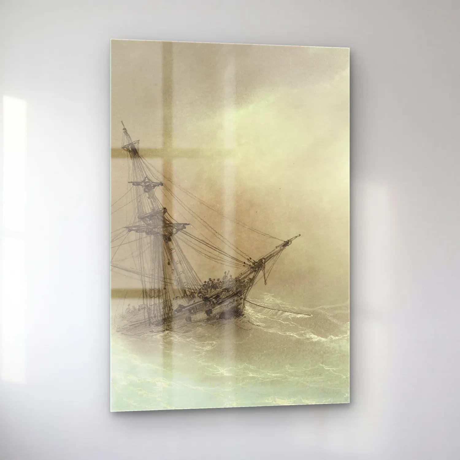 Konstantinovich Aivazovsky – Ship In A Stormy Sea – Siyah Beyaz Tonlar cam tablo — sol açıdan görünüm