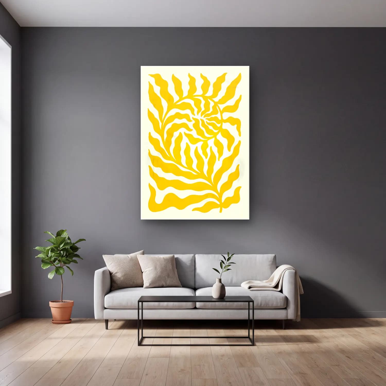 Boho Çiçek Deseni No. 62 cam tablo — gri duvarlı salonda