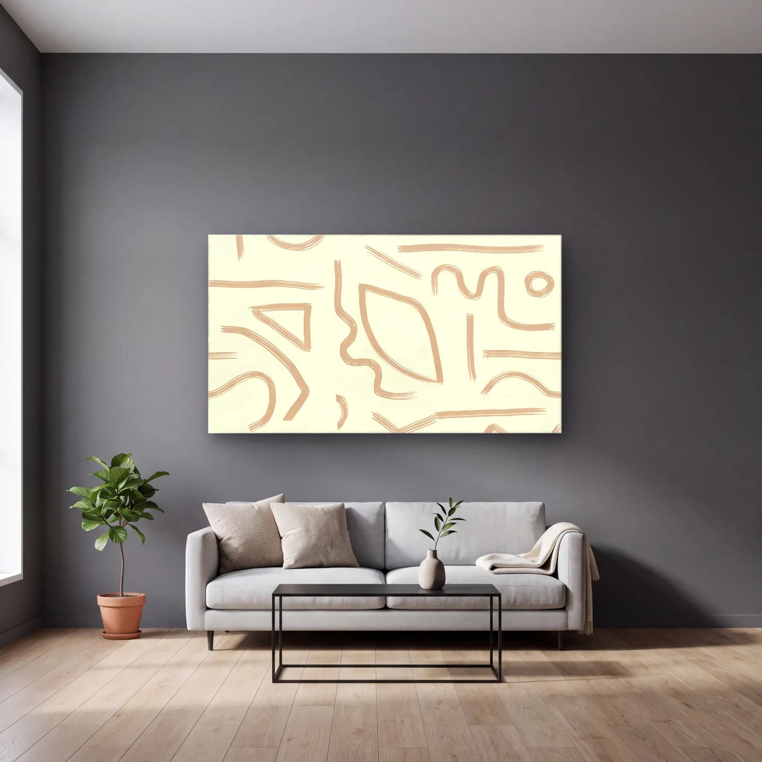Boho Soyut Formlar No. 13 cam tablo — gri duvarlı salonda