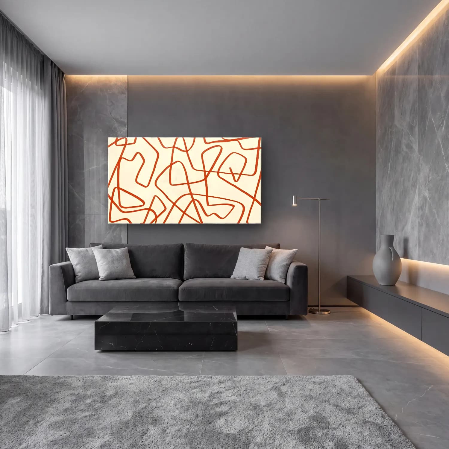 Modern Soyut Dalgalı Çizgiler No. 5 cam tablo — lüks salon duvarında